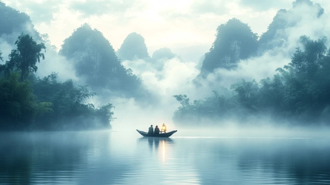 小船在雾中穿行