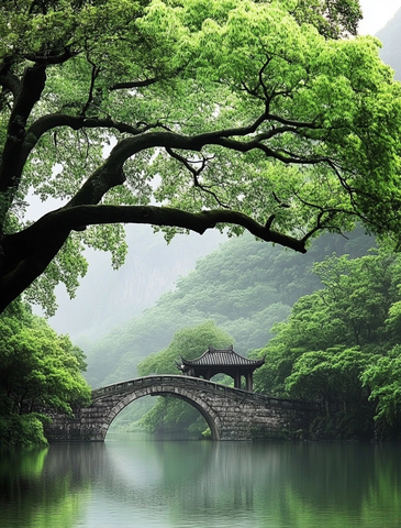 古园边缘的绿树与石桥