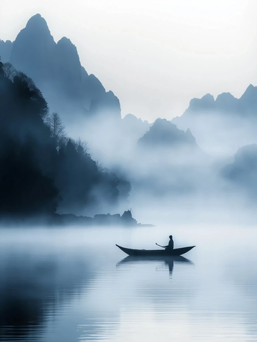 晨雾中的湖上孤舟