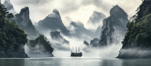 船行山间浪击石