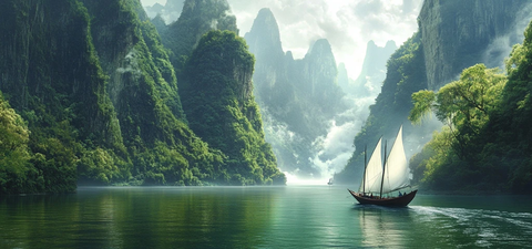 小木船航行在绿水青山间