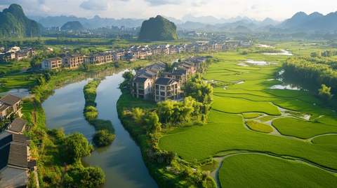 桂林山水建筑稻田河流