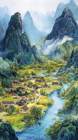山村溪流环绕