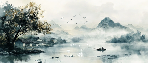 山脚茅屋湖光鹅影