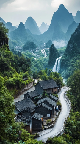 蜿蜒山路与瀑布