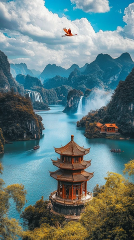 蓝空白云鹤飞山涧瀑布亭