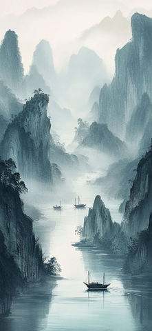 船行峡谷晨雾中