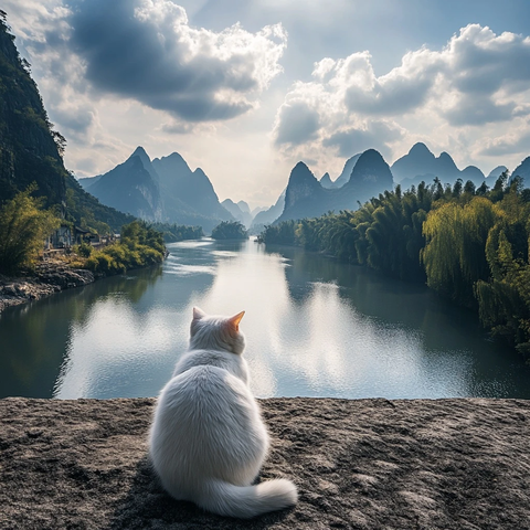 白猫坐石墙观山水