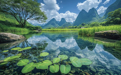 稻田与山峰倒影