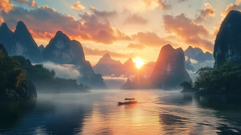 朝阳云海山川河流小舟