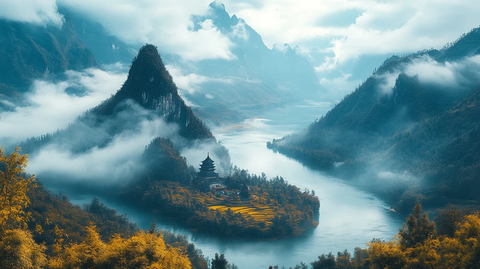 两峰夹河小庙云景