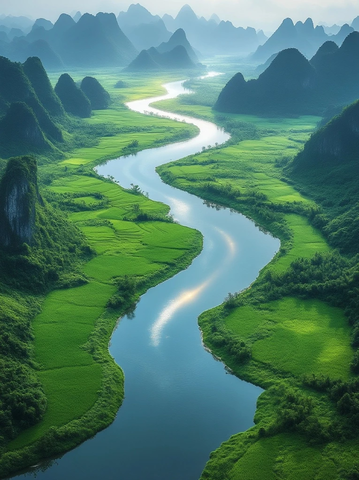 长江流经平原与稻田