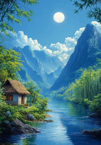 蓝天绿山竹林河畔