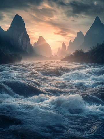 日出海浪与远山