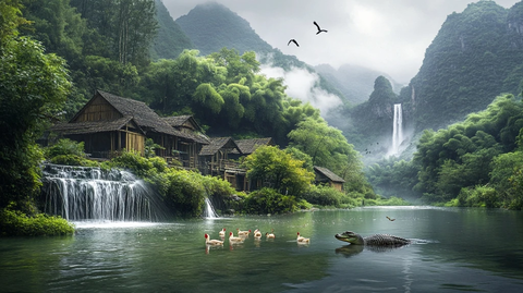 竹林溪流洗衣美人