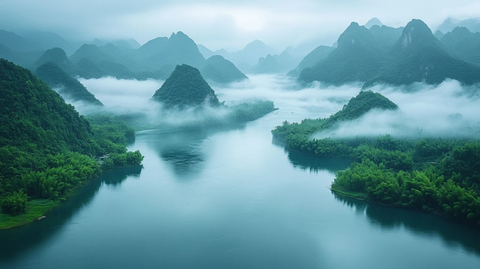 清晨山水云雾缭绕