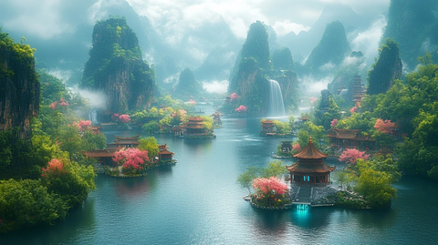 漂浮岛屿与瀑布