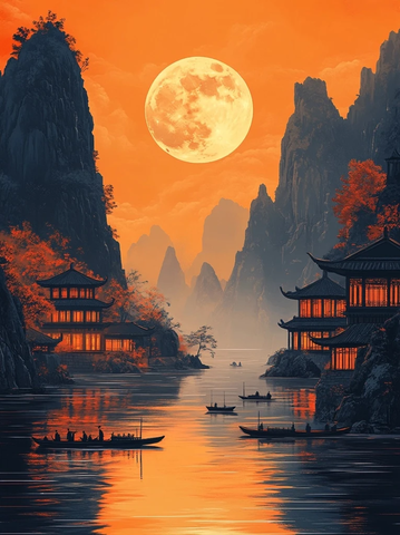 中秋月夜古船河山