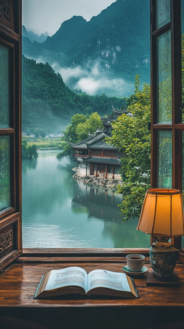 书桌上的咖啡与窗外山水