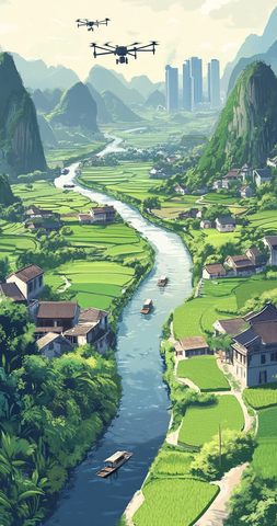 绿色稻田与现代科技共存