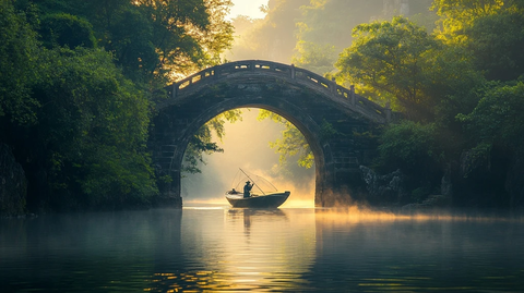 晨光中的石拱桥与渔舟