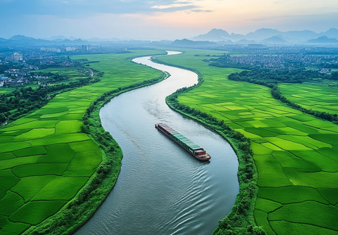 河流与稻田环绕的工业园道路