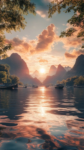 晨光映水树影摇