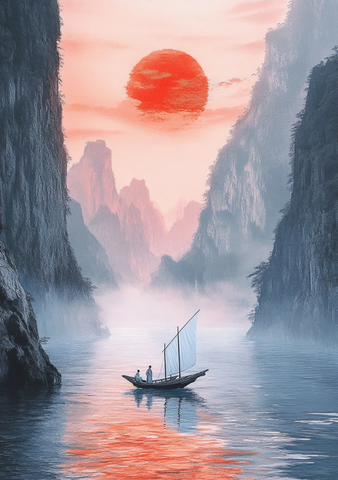 红日落山映水光