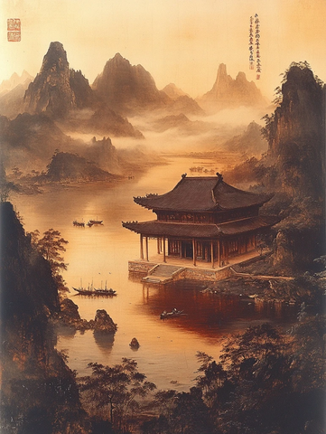 宋代山水画古亭渔舟