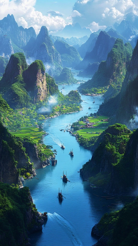 河流穿过山脉，稻田岛屿