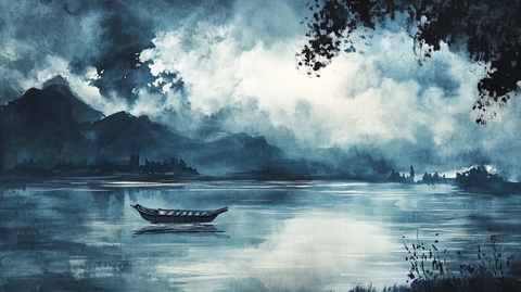 乌云覆盖的平静湖泊