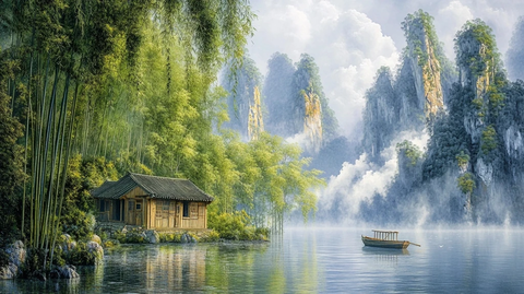 竹林湖畔木屋小舟