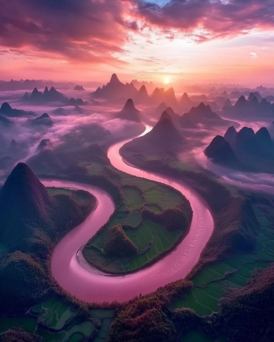 龙山峰下河流蜿蜒