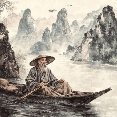 老人划船戴竹帽