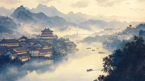 工笔画长卷山水建筑河流