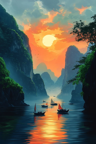 日落时分的小船与山景