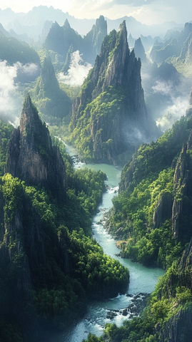 山脉河流森林阳光