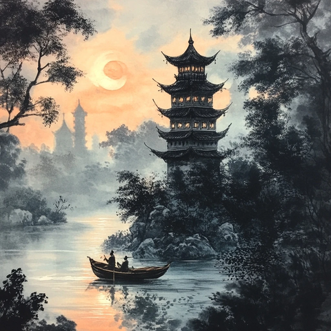 古塔林石舟河日落