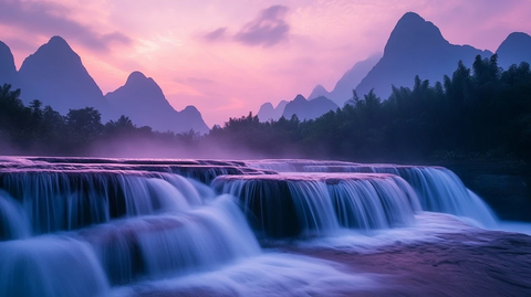 瀑布流水彩色天空