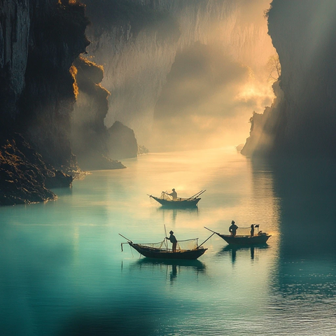 渔民在石灰岩海岸捕鱼