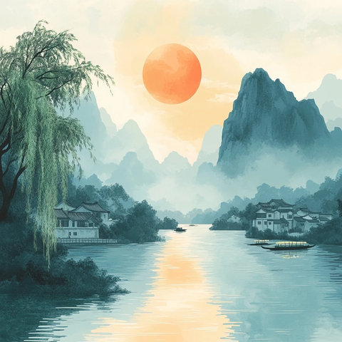 手绘山水河流儿童插画