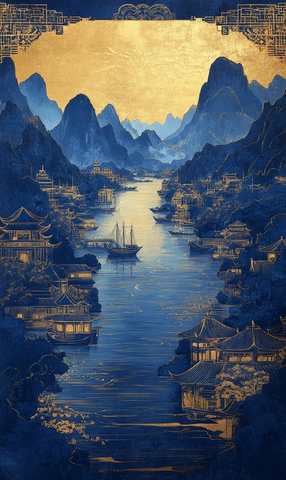 古代中国女孩与河流船只