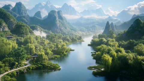 小径穿河绿树掩映