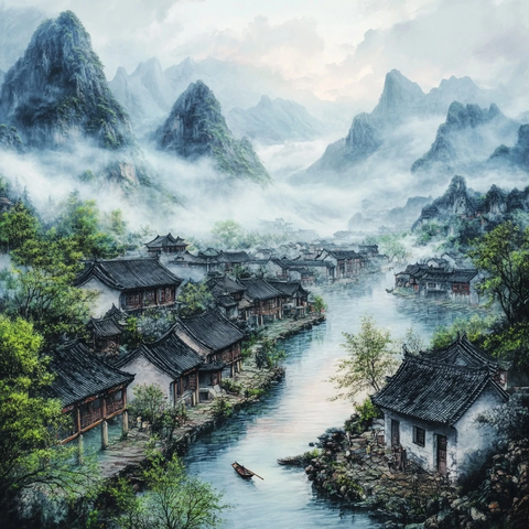 河边古村云雾缭绕