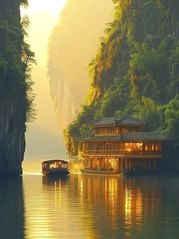 阳光下的三峡小舟