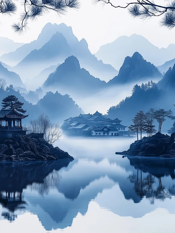 远山湖水古村雾