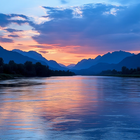 日落河流与山脉