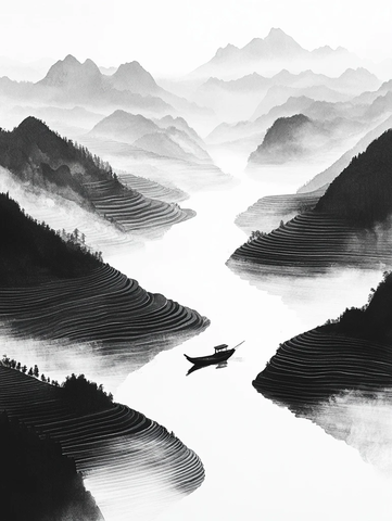 梯田山景渔船河