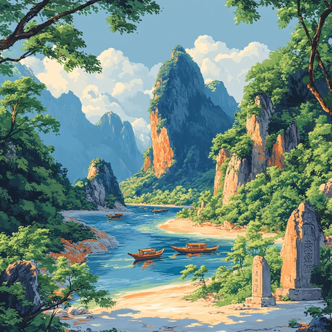 九曲溪流与岩壁