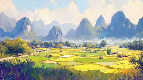 早晨的稻田与山峰